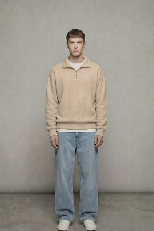 ALTIERO's Beige Ribbed Quarter Zip