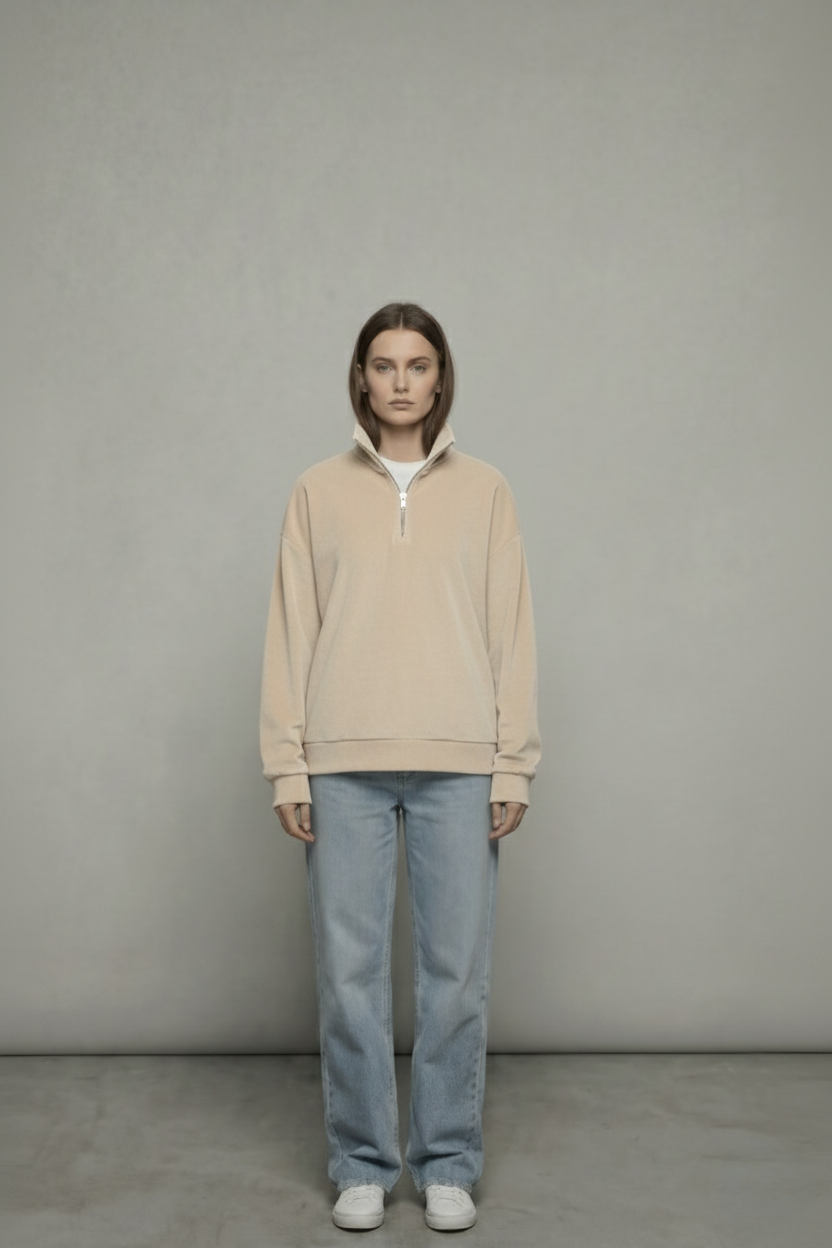 ALTIERO's Beige Ribbed Quarter Zip