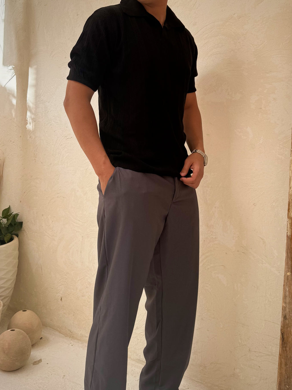 ALTIERO's Textured Knit Polo - Black
