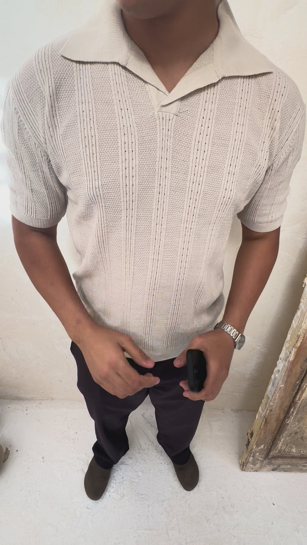 ALTIERO's Textured Knit Polo - Ecru